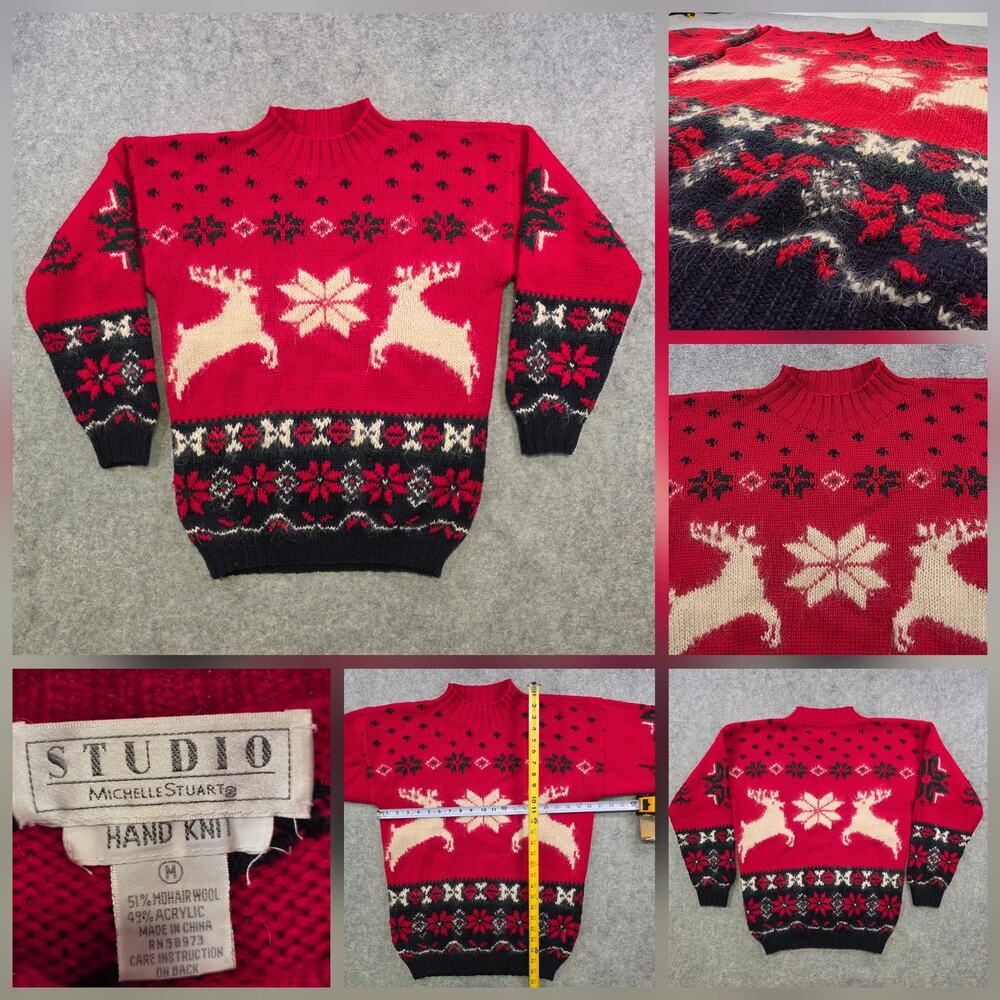 Studio Michelle Stuart Sweater Womens Medium Red Mohair‎ Reindeer Ugly Christmas